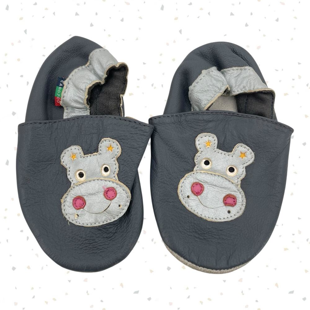 Hippo Baby Shoes Gray Leather Soft Sole Crib Shoe Toddler House Slippers 18-24m